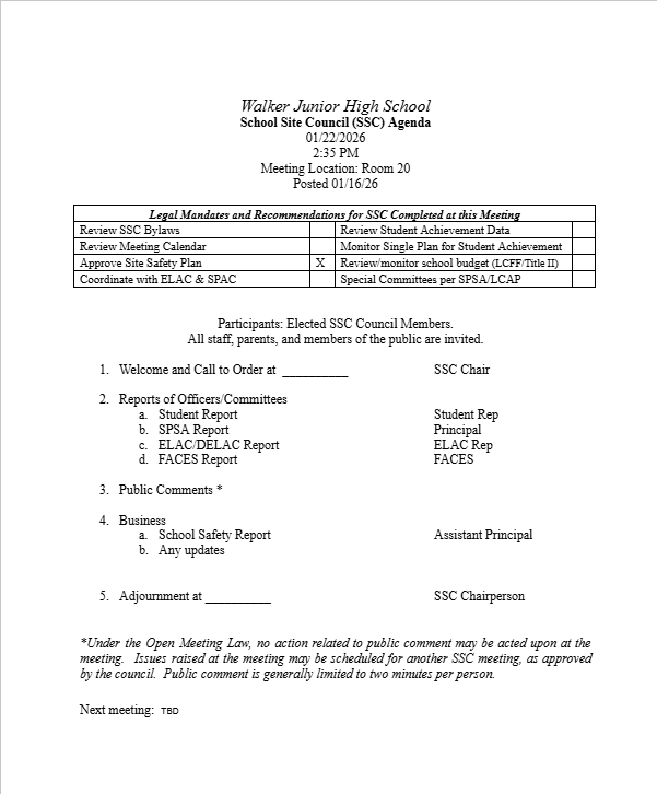 Walker Junior High School School Site Council Agenda 01_16_2026